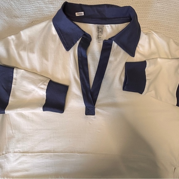 Urban Heritage Tops - Boxy Navy and White Long Sleeve Polo Shirt Deep V Neck Trendy School Fall